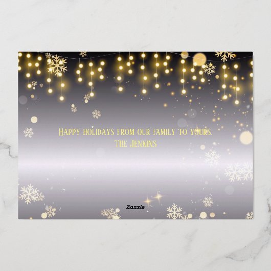 Prettig feest met Kerstlichten en Sneeuwvlokken Folie Feestdagenkaart (Achterkant)