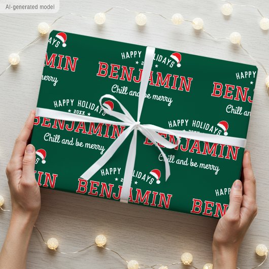 Prettig feest Naam Kerstmis Kerstmuts Groen Rood Cadeaupapier