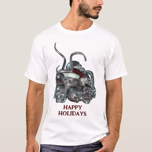 Prettig feest. Schedel stapel en tentakels T-shirt (Voorkant)