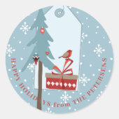 Prettig feest snowflakes en een kerstboom ronde sticker (Voorkant)