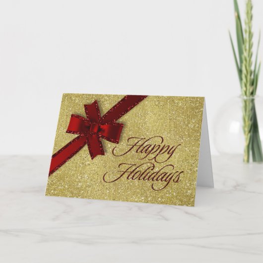Prettig feest Sparkly Goud met Rode Glitter Boog Feestdagen Kaart (Voorkant)