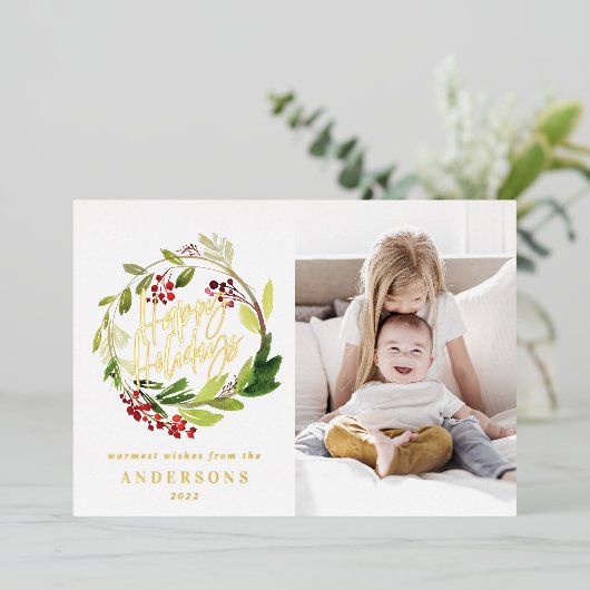 Prettig feest watercolor bloem foto  folie feestdagenkaart (Staand Voorkant)