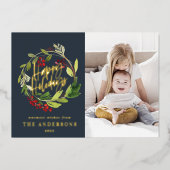 Prettig feest watercolor bloemenfoto navyblauw folie feestdagenkaart (Voorkant)