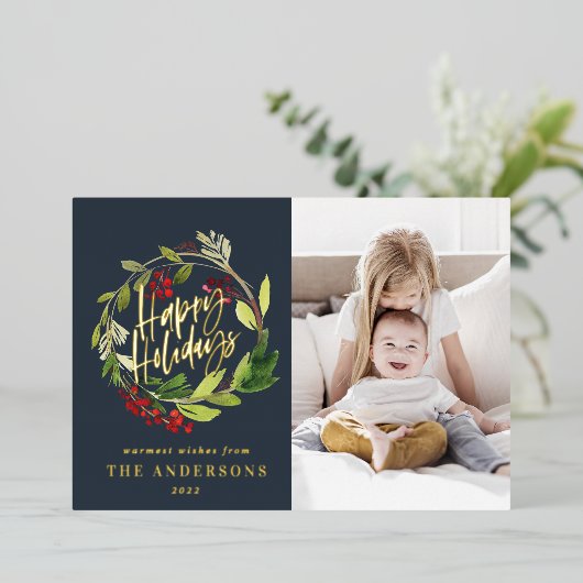 Prettig feest watercolor bloemenfoto navyblauw folie feestdagenkaart (Staand Voorkant)