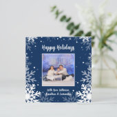 Prettig feestdagen Blauwe & Witte Sneeuwvlokken Fo Feestdagenkaart (Staand voorkant)