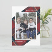 Prettig feestelijk rood en blauw geruit kerstfoto feestdagenkaart (Staand voorkant)