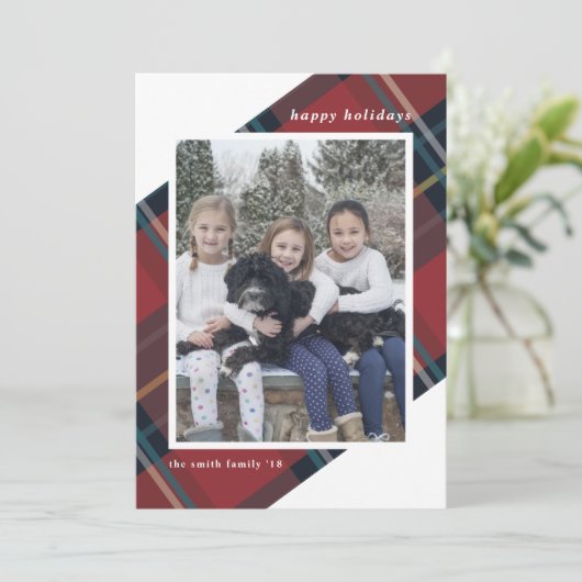 Prettig feestelijk rood en blauw geruit kerstfoto feestdagenkaart (Staand voorkant)