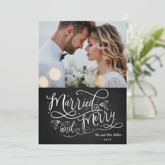 Prettig getrouwd pasgetrouwd 1e kerstfoto feestdagenkaart (Staand voorkant)