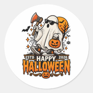 Prettig Halloween 2026 Geest met Zonnebril Ronde Sticker