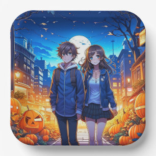 Prettig Halloween   Anime-koppel houdt elkaars han Papieren Bordje