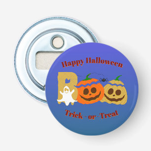 Prettig Halloween en griezelige pompoen: snoep of Button Flesopener