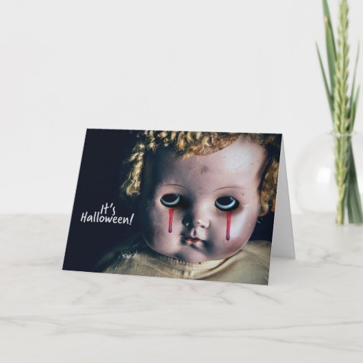 Prettig Halloween enge pop met bloedende ogen Feestdagen Kaart (Voorkant)