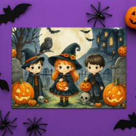 Prettig Halloween Feestelijke Kinderen in Kostuums Feestdagenkaart