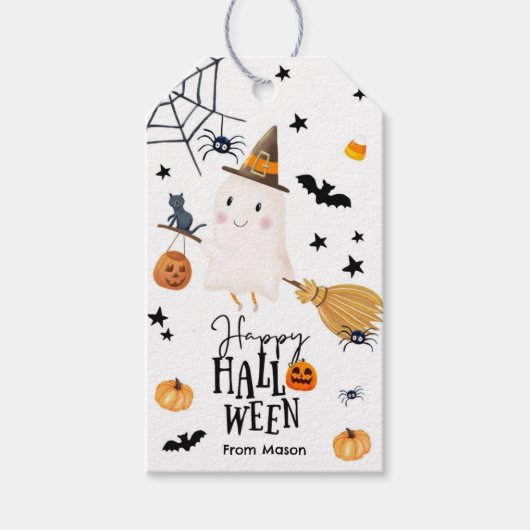 Prettig Halloween Geest Bezem Spin Pompoen Vleermu Cadeaulabel (Voorkant)