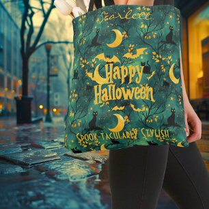 Prettig Halloween – Gouden Maan, Zwarte Katten & G Tote Bag