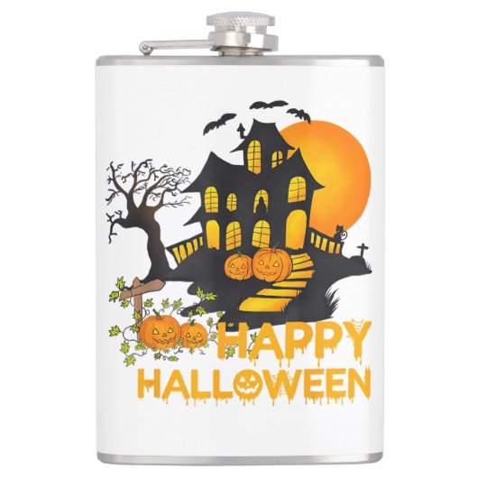 Prettig Halloween Griezelige Pompoen Geesterschouw Heupfles (Voorkant)