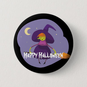 Prettig Halloween Heks, Bezem, Hoed Ronde Button 5,7 Cm