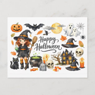 Prettig Halloween Heks, Kat, Spookhuis en meer Feestdagenkaart