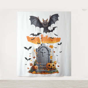 Prettig Halloween Hoofd Steen En Vleermuizen Wandkleed