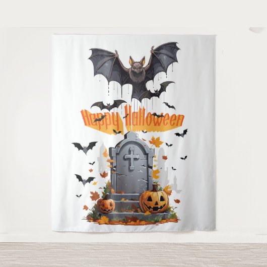 Prettig Halloween Hoofd Steen En Vleermuizen Wandkleed (Voorkant)