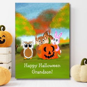 Prettig Halloween Kleinzoon Eekhoorn, Konijn & Uil Kaart