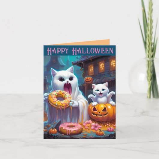 Prettig Halloween - Knuffelkitten en spook eten Do Notitiekaartje (Voorkant)