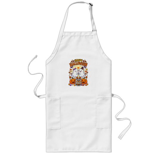 Prettig Halloween Lief Geesten Koppel met Pot Snoe Lang Schort (Voorkant)