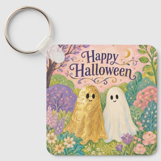 Prettig Halloween Lief Geestje Bloementuin Sleutelhanger (Voorkant)