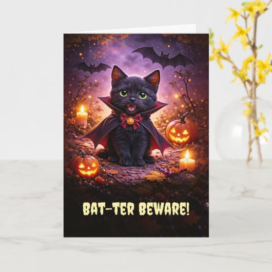 Prettig Halloween Lief Vampire Kitten Kat met Vlee Kaart (Gele Bloem)