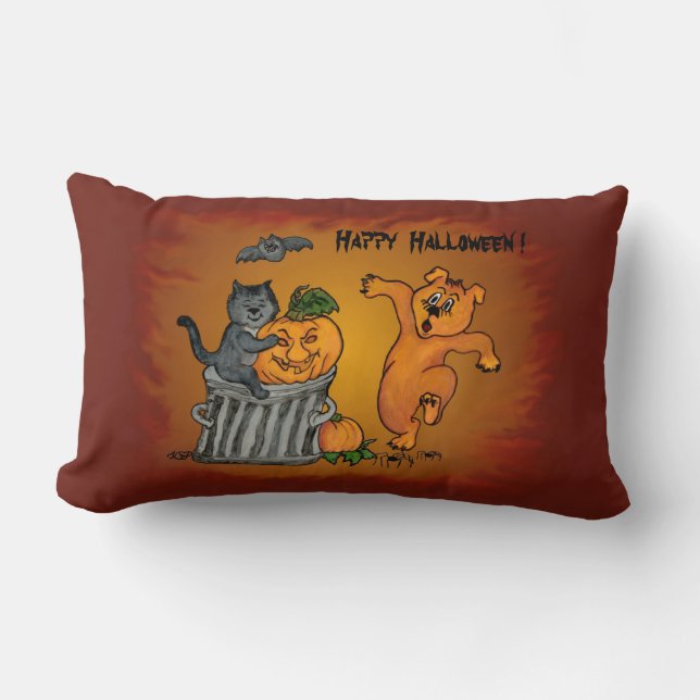 Prettig Halloween met Kat Vleermuis Hond en Spin Kussen (Voorkant)