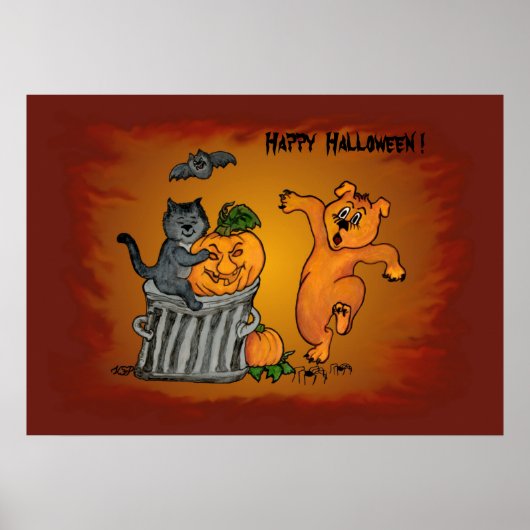 Prettig Halloween met Kat Vleermuis Hond en Spin Poster (Voorkant)