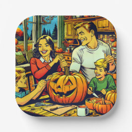 Prettig Halloween Nostalgische Familie Snijdt Pomp Papieren Bordje