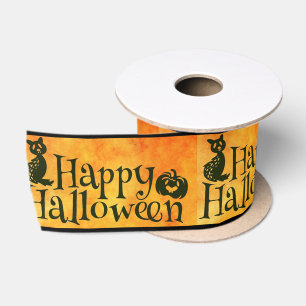 Prettig Halloween Oranje en Zwarte Herhalende Teks Satijnen Lint