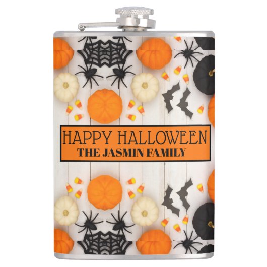 Prettig Halloween Oranje Pompoen Heupfles (Voorkant)