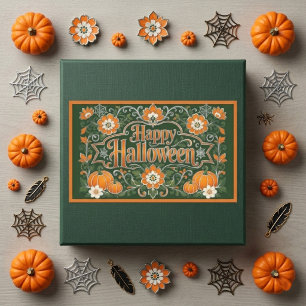 Prettig Halloween Oude Pompoenen Witte Bloemen Kun Rechthoekige Sticker
