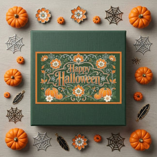 Prettig Halloween Oude Pompoenen Witte Bloemen Kun Rechthoekige Sticker