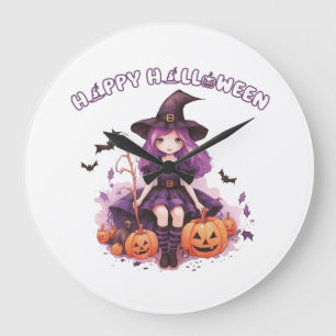 Prettig Halloween Paarse Heks Pompoenen & Vleermui Grote Klok