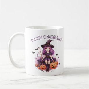 Prettig Halloween Paarse Heks Pompoenen & Vleermui Koffiemok