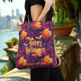 Prettig Halloween – Paarse Maan, Vleermuizen & Boo Tote Bag