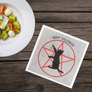 Prettig Halloween Pentagram Zwarte Kat Ster op Gri Servet