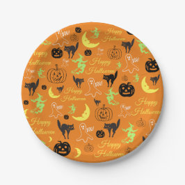Prettig Halloween Pompoen Geest Heks Maan Oranje Papieren Bordje