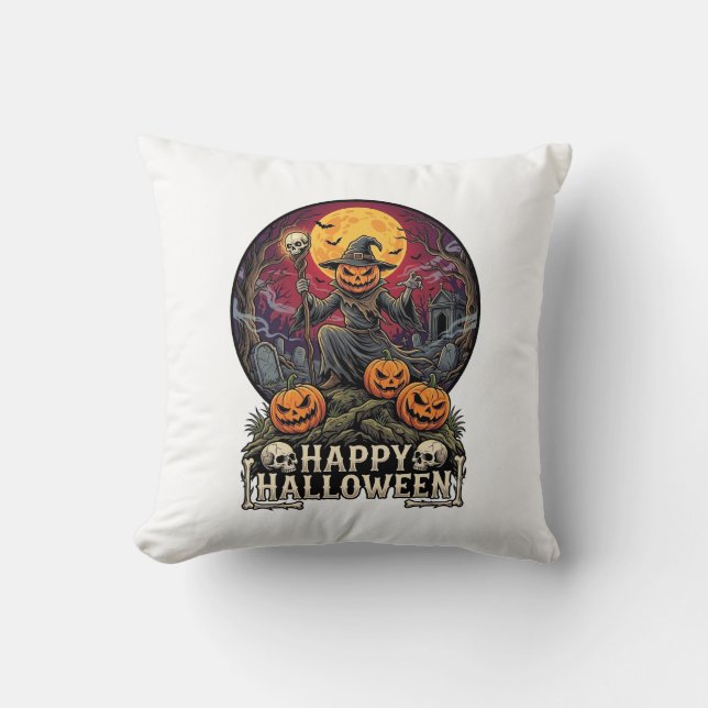 Prettig Halloween Pompoen Tovenaar Kerkhof Volle M Kussen (Voorkant)