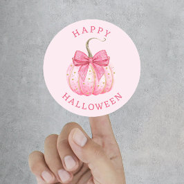 Prettig Halloween Roze Coquette Strik Pompoen Ronde Sticker