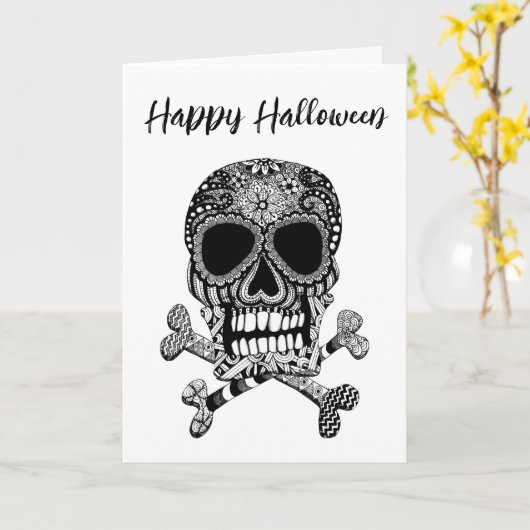 Prettig Halloween Schedel en gekruiste botten Groe Kaart (Gele Bloem)