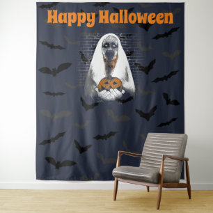 Prettig Halloween Spelende Geest en Pompoen Wandkleed