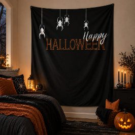 Prettig Halloween Spinnen Oranje Zwart Typografie Wandkleed