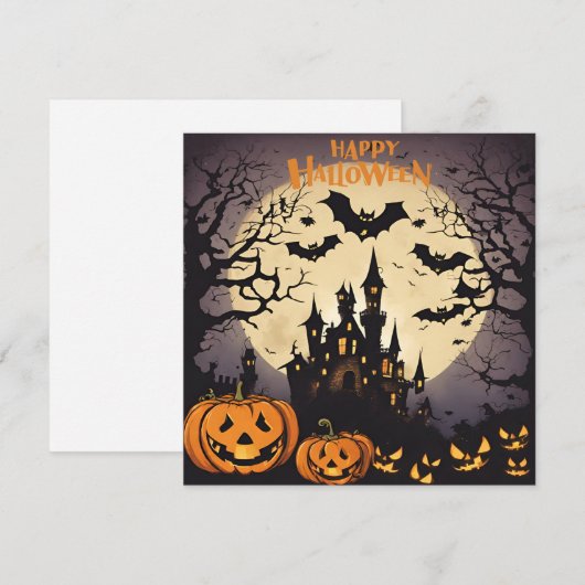 Prettig Halloween - Spookhuis, Pompoenen en Vleerm Feestdagenkaart (Voorkant / Achterkant)