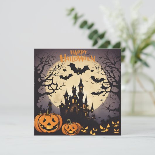 Prettig Halloween - Spookhuis, Pompoenen en Vleerm Feestdagenkaart (Staand voorkant)