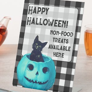 Prettig Halloween Turquoise Pompoen en Plaid Reclamebord Met Voetstuk