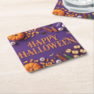 Prettig Halloween vlakke compositie groet op paars Kartonnen Onderzetters